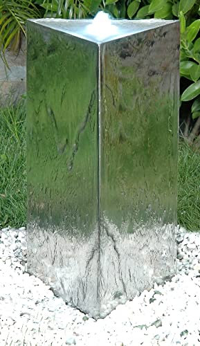 Primrose 53cm Triangular Stainless Steel Outdoor Water Feature Silver Mirrored Pillar Fountain Water Feature with LED Lights