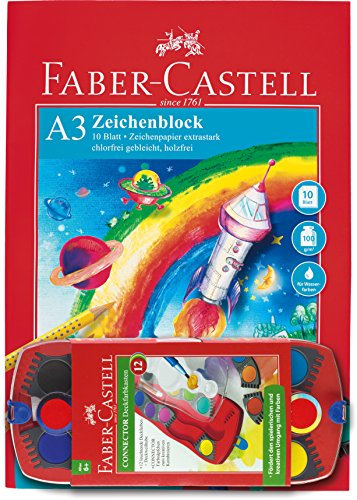 Faber-Castell 201298 - Deckfarbkasten Connector mit Zeichenblock, A3, FSC-Mix, 12-er Pack, 10 Blatt