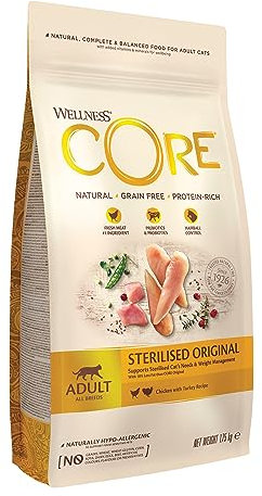 Wellness CORE Sterilised Original, Pute & Huhn, 1,75 kg, Premium Katzenfutter trocken für sterilisierte Katzen, ohne Zuckerzusatz, getreidefrei, mit hohem Fleischanteil, beugt Haarballen vor