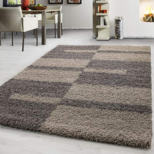 Teppium Shaggy Hochflor Teppich Läufer Flur 80 x 250 cm Taupe - Kariertes Flauschiger Teppich, Weich und Pflegeleicht - Ideal als Bettvorleger im Schlafzimmer, Küchenläufer, Wohnzimmerteppich