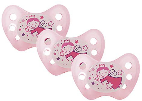 Dentistar® Night Set da 3 Ciuccetti neonato in silicone – Taglia 1 da 0-6 mesi – Ciuccio neonato delicato su denti e mascella, luminoso al buio – Succhietto rosa con fatina – Made in Germany