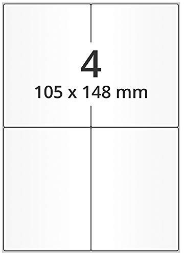 Laserdrucker Etiketten auf A4 Bogen, weiß - 105 x 148 mm - 400 Papier Aufkleber auf 100 Blatt, ablösbare Universal Klebe-Etiketten, matt