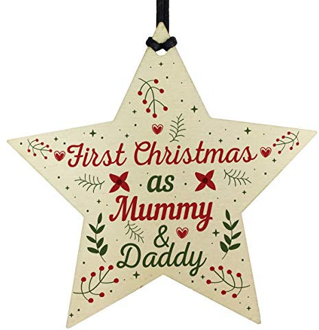 RED OCEAN Weihnachtsbaumkugel aus Holz, Motiv: First Christmas As Mummy Daddy