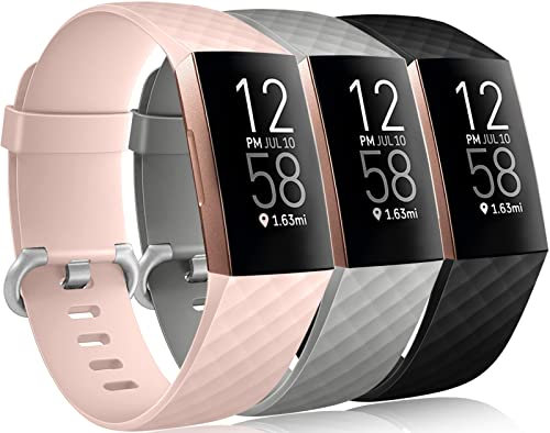 Wepro Wasserdichte Armbänder Kompatibel mit Fitbit Charge 4,Charge 3,Charge 3 SE für Damen und Herren, 3er-Pack Ersatzarmbänder für Fitbit Charge 3,Charge 4, klein, Rosa Sand, Schiefergrau, Schwarz