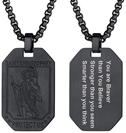 PROSTEEL schwarz Saint Christopher Erkennungsmarke personalisiert Heiliger Christopherus Motiv Achteck Dog Tag Schutzpatron der Reisenden Amulett Religiöse Modeschmuck Accessoire für Fahrer