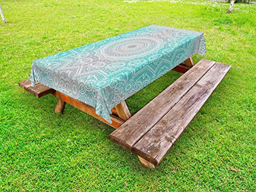ABAKUHAUS Grau und Türkis Outdoor-Tischdecke, Ombre Ethnic, dekorative waschbare Picknick-Tischdecke, 145 x 265 cm, Türkis Grau