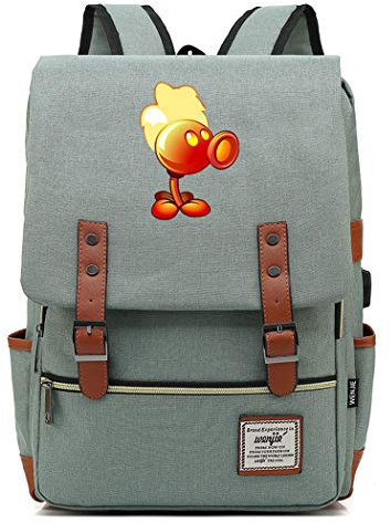WANHONGYUE Plants vs. Zombies Game Anime College Student Schoolbag 15.6-inch Laptop Backpack Vintage Rucksack with USB Charging Port Green / 4