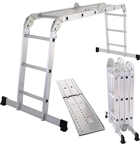 Raburg Aluleiter 3×4 Sprossen Mehrgelenkleiter, Aluminium, Anlegeleiter, Bockleiter & Arbeitsbühne, klappbare Universalleiter, TÜV/GS geprüft, bis 150 kg, für Heimwerker & Haushalt, Stage