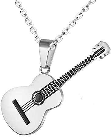 Yifnny Gitarre Halskette, Herren Edelstahl Rock E-Gitarre Bass Anhänger Halskette Gitarren Plektrum Halskette mit Rolo Kette Hip Hop Musik Stil Geschenk für Männer Frauen (Silber)