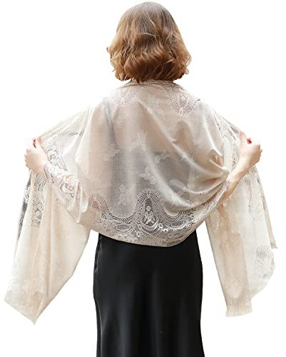 RIIQIICHY Stola Für Abendkleid Schal Stola Damen Festlich Umschlagtuch Umhang Beige Spitzenschal Mit Fransen für Hochzeit Party Braut