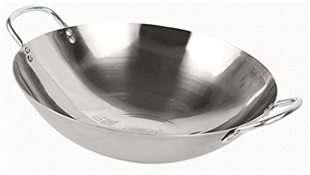 ZXFDMSWJ 40 cm Dicker Edelstahl-Wok mit schneller Wärmeleitfähigkeit, runder Boden, 40 cm, Doppelohr-Wok, gewerblicher Haushalt, Antihaft-Wok, geeignet für Gasherde/offene Flammenherde