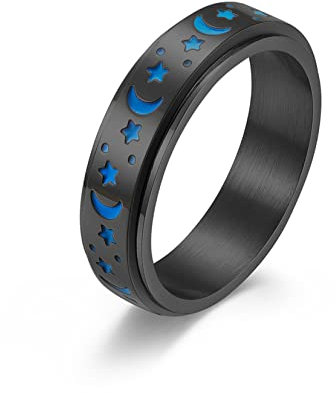 Yifnny Spinner Rings, Stainless Steel Spinner Ring Moon and Star Fidget Ring Stress Relieving Ring Engagement Promise Luminous Ring (Luminous Glow- Black, 11)
