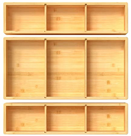 DUJEN Boîte de rangement en bambou réglable de 30,5 x 30,5 x 0,6 cm pour cuisine, salle de bain, bureau, maquillage, coiffeuse, commode, garde-manger