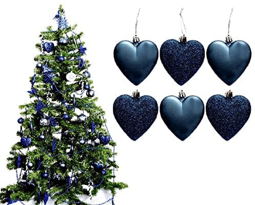 6pc Large Glitter & Matte Heart Baubles - Great Christmas Tree Decorations, Heart Baubles (Navy)