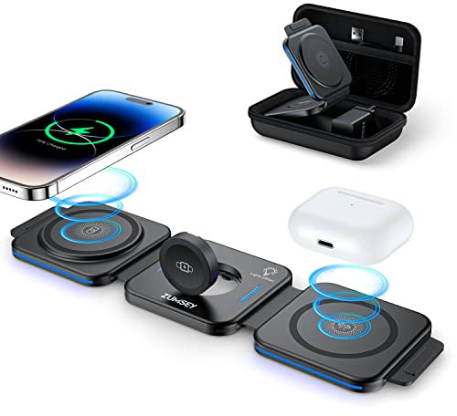 ZUMSEY 3 in 1 Foldable Apple Wireless Charger, Travel Wireless Charging Station for iPhone 16/15/14/13/12 Series, Apple Watch Charger for iWatch 10/9/Ultra 2/Ultra/8/7/6/SE/5/4/AirPods 4/3/2/Pro