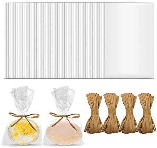 Nufiwra Transparente Seifenbeutel mit Zellophan und Hanfseil, für selbstgemachte Seife, Basteln, Geschenkverpackungen und Partygeschenke, 13 x 19,8 cm, 200 Stück