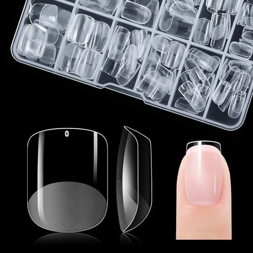 Gelike ec Capsule Americaine Ongle Gel, PMMA Faux Ongles Extra Court Carré 120 Pièces 12 Tailles Couverture Complète, Capsule Pose Americaine Ongle Transparente