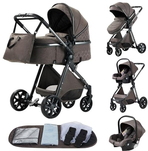 YAZOCO kinderwagen 3 in 1 Buggy Babybett Komplett Set Einem Klick Zusammenklappbarer Kinderwagen, KombiKinderwagen Aluminiumrahmen für Neugeborene Sitzzubehör (4 Schokolade)