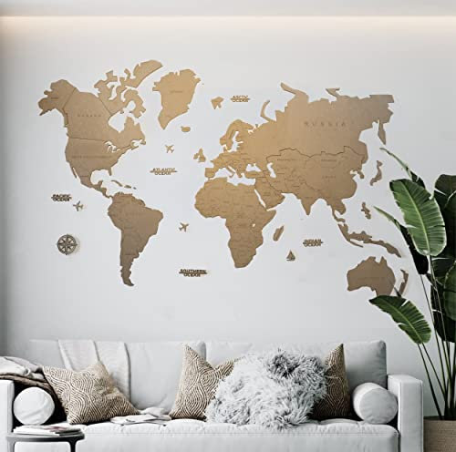 MISS MAPS Mappamondo in legno 3D grande da parete Mappa per segnare viaggi e decorazione per viaggiatori Multistrato in legno pressato nomi incisi