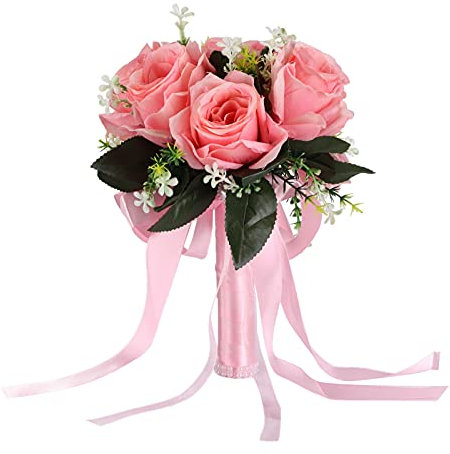 belupai Zarter Brautstrauß, Künstliche Hand, die Blumen Hält, PE-Rosen-Braut-Brautjungfern-Blumenstrauß, Handgefertigter Vintage-Blumenstrauß mit Weichen Bändern für die Hochzeitsdekoration(Rosa)