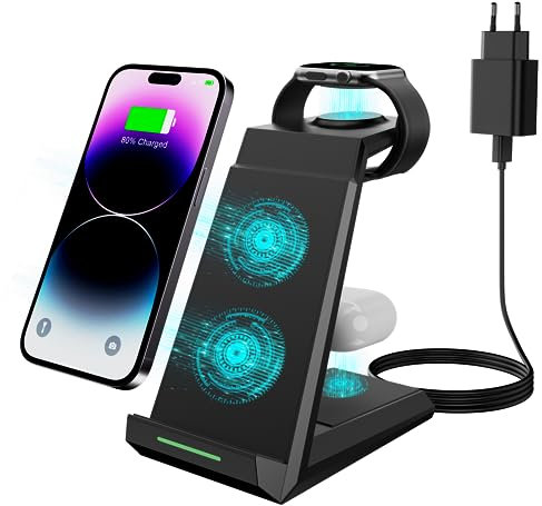 Stazione di ricarica induttiva 3 in 1, per iPhone 17/16/15/14/13/12/11/Pro Max/Mini/XS/XR, caricatore wireless per Apple Watch 10/9/8/7/6/SE/5/4, stazione di ricarica per AirPods Pro/2/3 (con