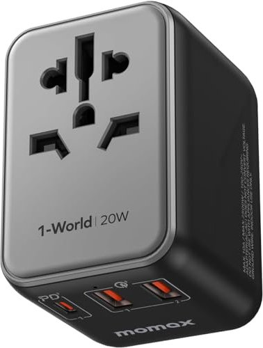MOMAX Adattatore Viaggio USBC 20W Ricarica rapida, Adattatore Universale da Viaggio con 2 USB, Adattatore Internazionale per Americana Inghilterra Australia Cina Italia Germania
