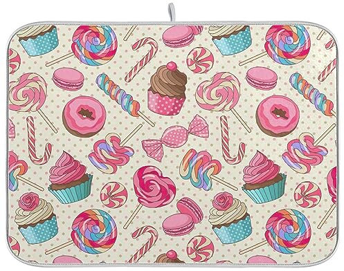 Colorido tapete de secado de platos de macarrones dulces para platos, accesorios de cocina, tapete escurridor de platos de microfibra resistente al calor, tapete decorativo de 16 x 18 pulgadas