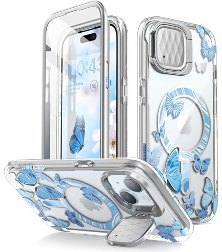i-Blason Schutzhülle für iPhone 15 / iPhone 14 / iPhone 13 (6,1 Zoll), mit Kamera-Abdeckung, Ständer, MagSafe-kompatibel, schlanke Ganzkörper-Schutzhülle mit integriertem Displayschutz (Blaufliege)