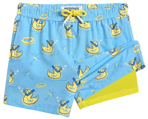 MaaMgic Badehose Jungen Badeshorts Kinder | Schnelltrocknend Schwimmhose Kurz Swim Shorts für Kleine | 2 in 1 Boardshorts mit Kompression Tasche Verstellbare Tunnelzug MEHRWEG,Ente,4 Jahre