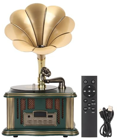 Annadue Retro Phonograph Plattenspieler Bluetooth Lautsprecher, Typ C Wiederaufladbar Nostalgisches Vintage Grammophon Kabelloser Bluetooth 5.0 Lautsprecher mit FM Radio für Handys,