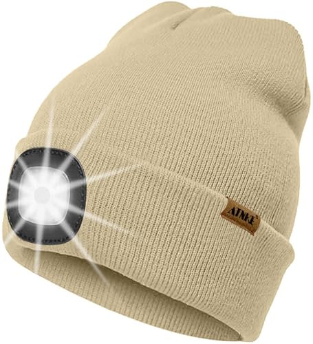 ATNKE LED Beleuchtete Mütze mit Licht,Wiederaufladbare USB 4 LED Beleuchtete Laufmütze Extrem Heller Lampe Winter Warme Stricken Mütze Technik Geschenke für Herren und Damen/Beige