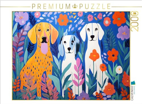 CALVENDO Puzzle DREI Hunde sitzen zwischen Blumen im Garten | Lege-Größe cm Foto-Puzzle für glückliche Stunden