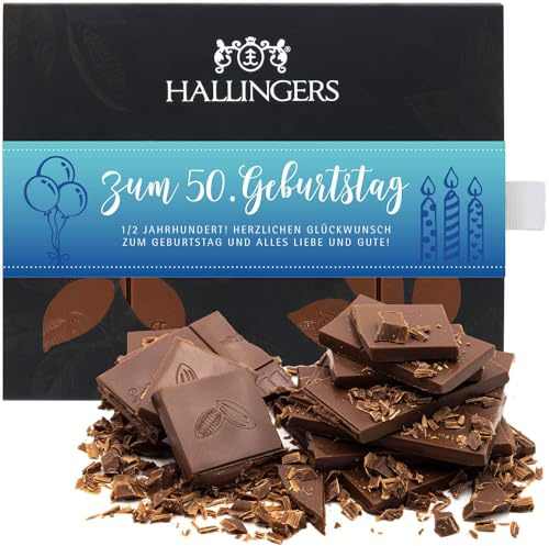 Hallingers Genuss Manufaktur Schokolade Geburtstagsgeschenk - Tafel handgeschöpften Edelkakaos ohne Alkohol edler Karton Zum 50. Geburtstag Pur, Geschenke für Frauen Männer
