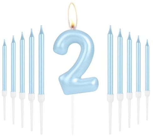 Happy 2nd Birthday Blue Long Stick Number 2 Candles for Cake & Cupcake Toppers - Boy Baby Birthday Party & Wedding Anniversary Decorations