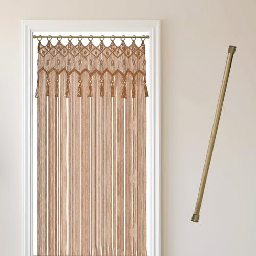 Cozyor Makramee Boho Vorhang + Klemmstange 70-120 cm ohne Bohren Türvorhang Fenstervorhang 132x200cm Raumteiler, Wandbehang & Deko braun Gold, Hochzeit, handgemacht