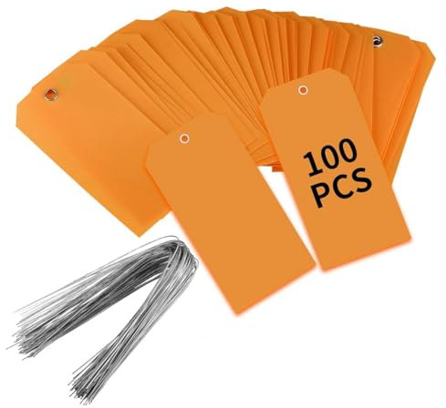 Biwwubik 100 Stück 4 3/4 X 2 3/8 Kunststoff-Versandetiketten mit Drähten, Leere Beschriftungsetiketten, Wasserdichte Hängeetiketten (Orange), Langlebig, Einfach zu Verwenden