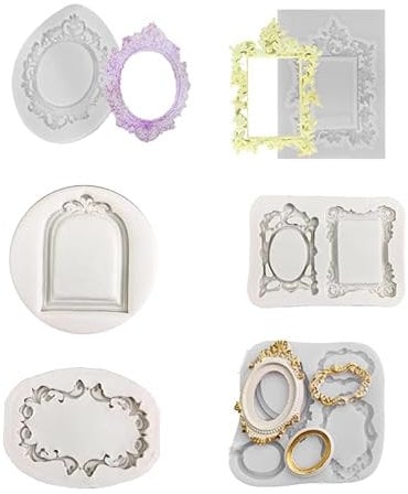 Vokowin 6 PCS Vintage Frame Silicone Mold, Baroque Style Silicone Cake Decorating Mould, Curlicues Scroll Lace Photo Frame Silicone Molds for Sugar Gum Paste Chocolate Cookies Clay for DIY (K366-6)
