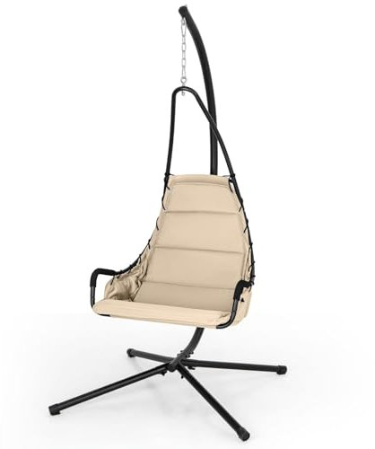 GOPLUS Fauteuil Suspendu avec Support, Chaise Suspendue Intérieur Extérieur avec Siège Rembourré, Cadre en Métal en Forme de 'X', Chaise Hamac avec Support pour Porche, Jardin, Capacité 120KG (Beige)