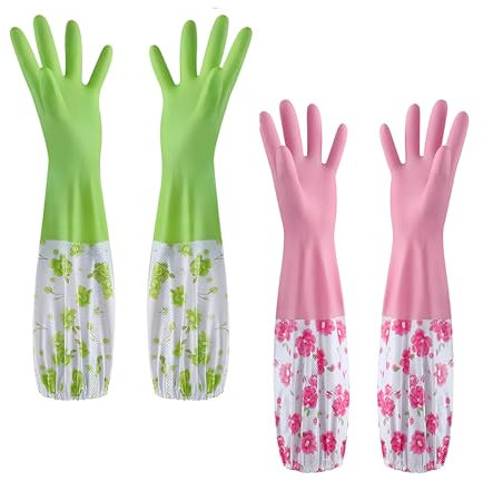 LHLZNB marigold gloves medium,washing up gloves–Household & Garden Chores, Weeding, Gardening,Washing, Cleaning & Dishwashing–Extra Protection Sleeves-Waterproof and Lined for Warmth (Pink+Green)
