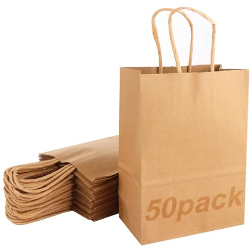 ASelected 50 Stück Geschenktüten Geschenktüte Braun 21 x 15 x 8 cm Papiertüten Kraftpapiertüten mit Henkel für Geburtstag Partys Hochzeit