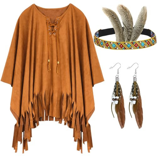 Jadive Poncho Indianerin Braun Hippie Kleidung Umhang in Lederoptik mit Fransen Häuptling Cowboy Karneval Fasching Fastnacht Mottoparty