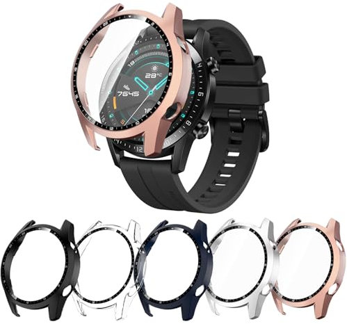 AK für Huawei Watch GT2 46mm Hülle [5 Stück], PC Gehäuse mit HD Tempered Film 360° Kratzfest, langlebige PC Gehäuse für Huawei GT 2 46mm Smartwatch Zubehör Displayschutz Protection Case Cover