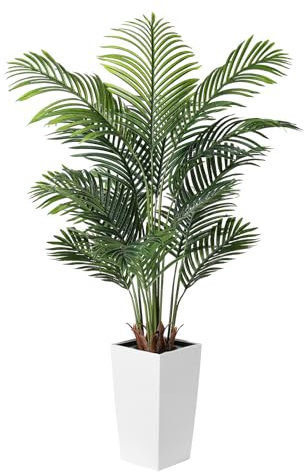 FEELEAD Palma artificiale, 1,5 m, palma di canna finta dorata, per interni, con fioriera bianca, finta pianta di palma tropicale Areca in vaso, per soggiorno, casa, ufficio, decorazione interna