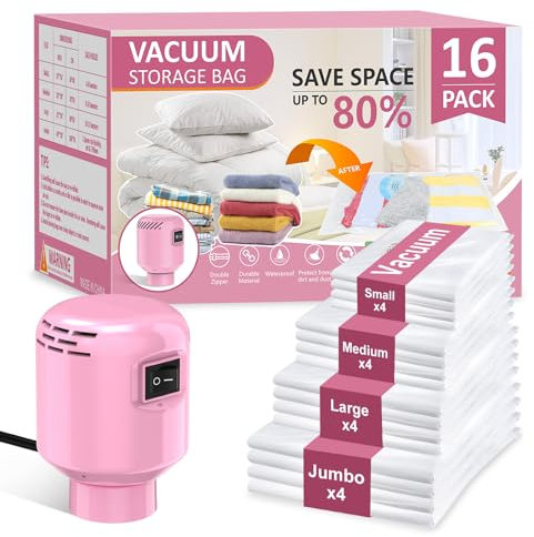 Sacchetti sottovuoto per piumoni con pompa ad aria elettrica 16 pezzi (4 Jumbo, 4 Grandi, 4 Medi, 4 Piccoli), per Copriletti, vestiti,Piumino, Cuscini,Risparmia l'80% di Spazio per Viaggi