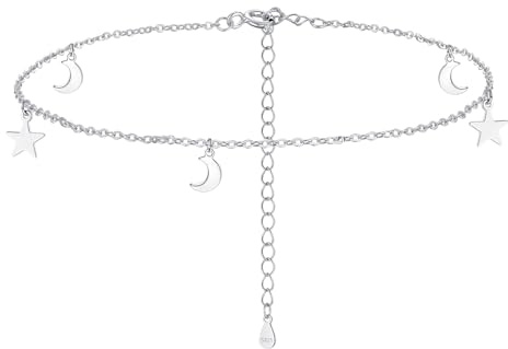 Estrellique Bracelet de cheville en argent sterling 925 pour femme, réglable 22 + 5 cm, petite croix, étoile, lune, chaîne de cheville, étanche, pieds nus, été, plage