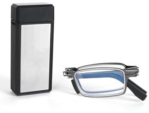 MMOWW Faltbare Lesebrille Herren Damen aus Edelstahl Mini Anti-Blau Sehnhilfe Ultraleicht mit Hartes Brillenetui für einfaches Tragen (Grau, +3.5)