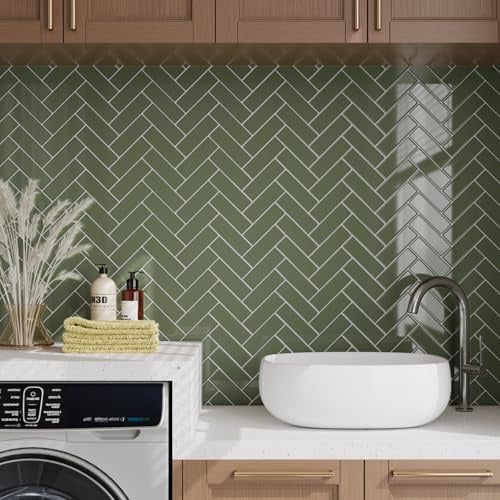 VaryPaper Adesivi per Piastrelle 3D a Spina di Pesce Verde Oliva 30.5cmx30.5cm 10 Pezzi Piastrelle Adesive Cucina Mattonelle Adesive Bagno Impermeabile Adesivo Muro Paraschizzi Cucina Stickers Camino