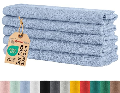 BaSaTex Gästehandtuch Frottee, 5er Pack, 30x50cm, Rauchblau | 100% Baumwolle-Frottee, Öko-Tex Made in Green Zertifiziert, Aufhängeschlaufe, 400gm², saugstark und langlebig