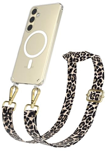 EAZY CASE Handykette - Verstellbares Taschenband kompatibel mit Galaxy S24 Plus, Schulterriemen, Handykordel mit Silikon Hülle, Qi Charging kompatibel, Umhängetasche, Leo - Schwarz Beige Metall Gold