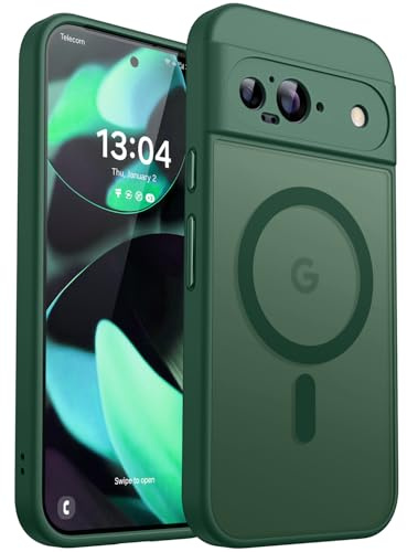 CANSHN Magnetic for Google Pixel 9 Case(6.3 Inch), Upgraded [Full Camera Protection] [Compatible with Magsafe] [Translucent Matte] Shockproof Protective Phone Cover, Deep Green